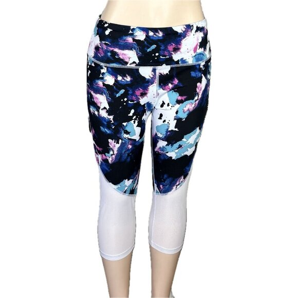 Bebe L White Multicolor Paint Splash Print 4 Way Stretch Mesh Legs Capri Pants - Picture 2 of 6
